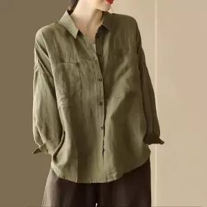 여성 남방 빈티지 솔리드 캐주얼 데일리 루즈핏 긴팔 린넨 셔츠