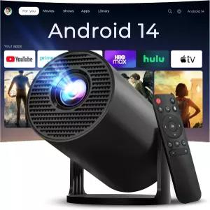 내장 앱 4K 지원 미니 프로젝터 Android TV OS 및 휴대폰 리모컨 WiFi 6 Bluetooth 5.4 탑재 짧은 투사