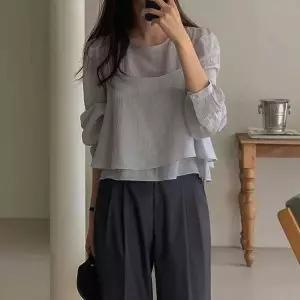 미니멀 데일리 여자 주름 찰랑핏 뷔스티에 레이어드 크롭 블라우스_26929619_588872