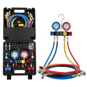 R134a, R404A, R1234yf, R22 냉매용 VEVOR AC 매니폴드 게이지 세트, 5피트 호스, 어댑터, 퀵 커플러 포함 4방향 게이지, 자동차 에어컨 유지보수 및 충전 배기용 캔
