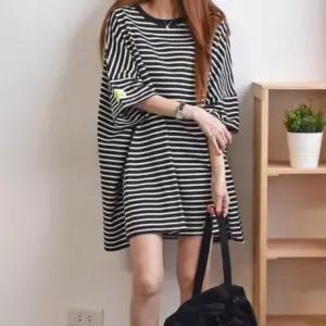 여성 엉덩이덮는 롱 박스티 스트라이프 엉덩이덮는 라운드티 반팔롱티셔츠