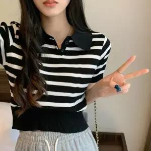 데일리룩 여자 데일리 스트라이프 카라 여름 반팔니트 E52