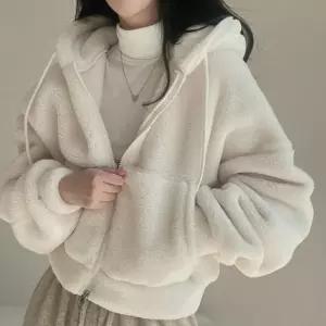 여성 양털 퍼 세미크롭 후드집업 점퍼 겨울 폭신 아우터 방한 데일리 캐주얼
