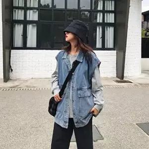 데일리룩 청쪼끼 데님조끼 여성 오버핏 데님 베스트 청조끼 레이어드 아우터