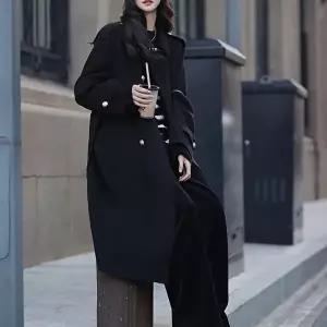 데일리룩 롱코트 여성코트 하이넥 금장버튼 허리 스트랩 더블 블랙