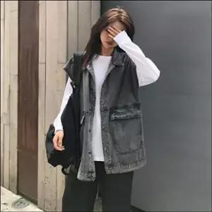 데일리룩 여자베스트 여자조끼 블랙데님 베스트 청조끼 오버핏 캐주얼 아우터 레이어드