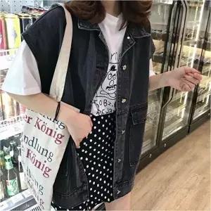 데일리룩 셔츠반팔 셔츠 데님 연청 조끼 여자 레이어드 블랙 루즈핏 청쪼끼