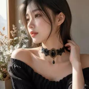 레이스 메탈 초커 목걸이   고딕   여성용 블랙
