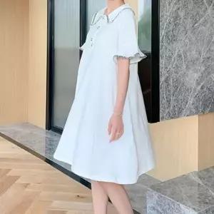 흰색 반팔 롱원피스 카라넥 퍼프소매 셔츠원피스 면원