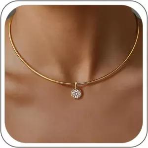 여성용 칼라 초커 목걸이 변색 방지 와이어 CZ 선 펜던트 18K 골드/실버 도금 방수 데인티 패션 스택