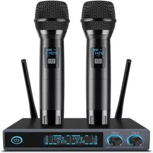 Vegue 무선 마이크 시스템 메탈 프로페셔널 UHF 듀얼 채널 휴대용 다이내믹 세트 홈 노래방 교회 DJ 결혼식