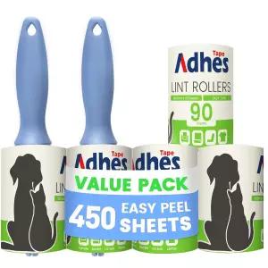 ADHES 반려동물 털 제거 린트 롤러 핸들 2개 5롤 세트 10.2cm 4인치 90매