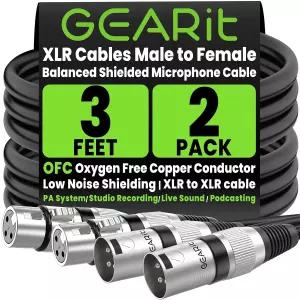 GEARit 22AWG OFC XLR 케이블 3피트 2개 세트 팟캐스트 스튜디오용 듀얼 쉴딩이 적용된 밸런스드 3핀