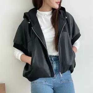 여자 가오리핏 페이크레더 후드집업 스트링 가을 조끼 데일리 코디
