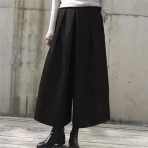 여성 밴딩 플리츠 팬츠 따뜻한 모직 겨울 여성 와이드 플리츠 팬츠 9부 슬랙스 오피스 치마 정장 바지