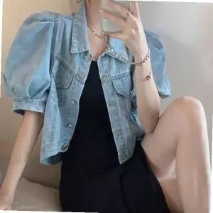 여자 여름 벌룬 퍼프 소매 반팔 청자켓 데님 크롭