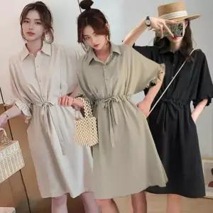 [라일리의류] Rly 여성 여름 반팔 카라 원피스 허리끈 프릴소매 하객룩