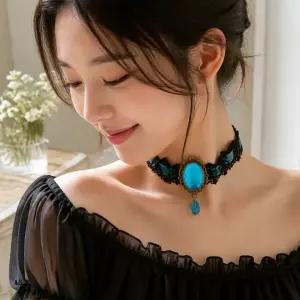 [행복사이소] 레이스 벨벳 목걸이 메탈 초커 포인트 보석 장식 목걸이용 블루