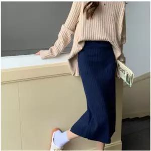 [XBI471L6]블루 블랙 니트 스커트 트임 카라멜 그린