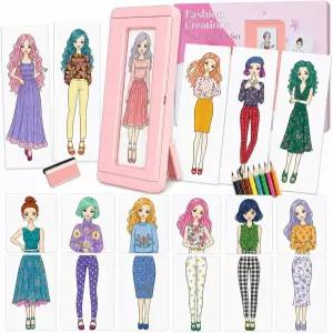 여아용 핑크 패션 디자인 키트 양면 문지르기 판 그림 및 드레스업 아트 세트 색종이 연필 액자 포함 -