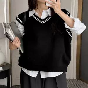 [3XL까지,남녀공용] 파인비 브이넥 니트 배색 조끼 89648 빅사이즈 여성의류