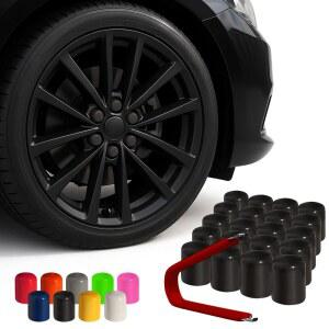 자동화된 애프터마켓 COLORLUGS 비닐 러그 너트 커버 | 블랙 유연한 휠 캡 21-23MM 호환 25개입 디럭스 추출기 포함 미국산