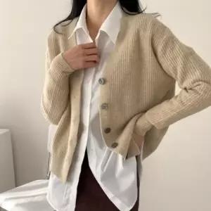 여자 골지 라글란 브이넥 딥블루 라쿤 울니트 가디건 여성 가디건