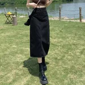 [다잇템][다잇템] 여자 검정데님 면혼방 롱 캐쥬얼 슬릿 스커트_23445357_588872
