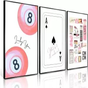 3Pcs 핑크와 블랙 월 아트 트렌디 매치박스 벽 장식 사진 행운의 8구 캔버스 스페이드 에이스 기숙사 침실