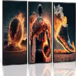 3pcs 농구 스포츠 캔버스 월 아트 파이어 버닝 테마 데코 쿨 선수 스니커즈 체육관 청소년 소년실 홈 액자