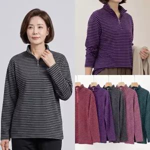 [마미소]엄마옷 줄무늬 반목 티셔츠 긴팔 반집업 스트라이프 하이넥 할머니 빅사이즈 40 7.._P436087237