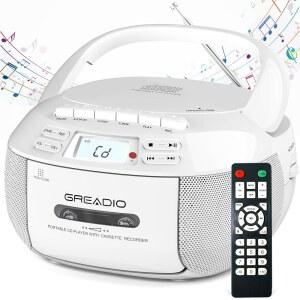 GREADIO CD 플레이어 붐박스 카세트 콤보 블루투스 및 AM/FM 라디오 포함 가정용 원격 제어용 플레이어AUX /USB /테이프 녹음교류/직류 전원 지원헤드폰 잭용 LCD 디스플레이 선물용