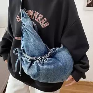 호보백 와이드 스트랩 크로스 숄더 겸용 캐주얼 데일리 청가방 여성 데님 셔링