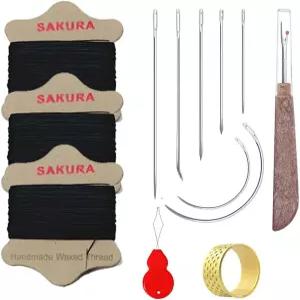 SAKURA 가죽 캔버스 및 퀼팅용 실(3-블랙)용 0.55mm 라운드 왁스드 재봉실 3가지 색상 헤비 듀티 바늘 7개