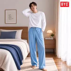 BYC 남성 피치기모 슬림팬츠 가을 간절기 파자마 바지 홈웨어 실내복 잠옷 하의 스트라이프
