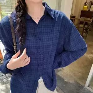[하프클럽/]루즈핏 체크 네이비 셔츠 페미닌룩 데일리룩 데이트룩 JSC d0189 JS