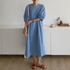 여성 볼륨 퍼프소매 롱 원피스 가을 데일리룩