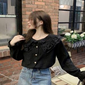 여성 러블리 이중 레이스 프릴 카라 긴팔 블라우스