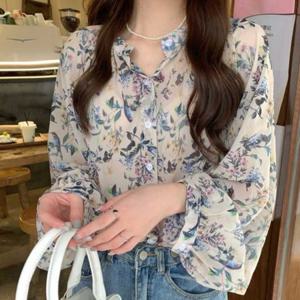 프릴 블라우스 퍼프소매 루즈핏 긴팔 데일리 봄 가을 상의 여성 플라워 브이넥