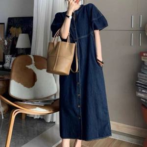 벌룬 소매 유니크 데님 단추 롱원피스 2color 데님롱원피스 반팔롱원피스