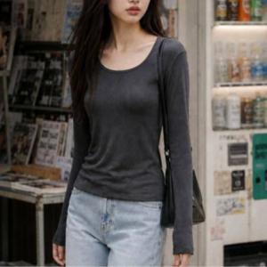 캡내장 라운드넥 긴팔티 여성 이너 티셔츠 브라탑 긴팔 레이어드