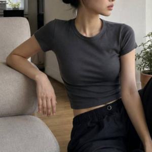 캡내장 크롭 반팔티 여성 반팔 티셔츠 브라탑 이너 숏 티셔츠