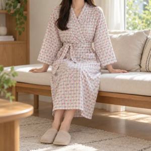 사계절 핑크 아이보리 여자 루즈핏 하트패턴 잠옷 여성 파자마 허리스트랩 집에서입는옷 데일리 가운 속옷