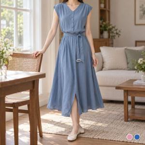 여자 사계절 여성 롱 엘레강스 브이넥 블루 원피스 핑크 드레스 성인 20대 30대 40대 50대 60대 직장인