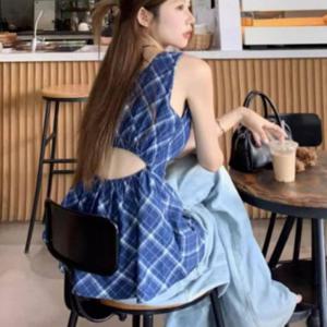 블루 체크 백트임 민소매 슬리브리스 블라우스 여성 여름 상의