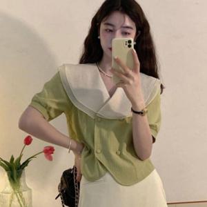 자켓형 여름 반팔 블라우스 빅카라 레이스 포인트 상의 시원한 여성 외출복 코디
