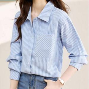 소라 컬러 빅카라 스트라이프 블라우스 셔츠 남방 여성 세련된 포인트 상의 코디
