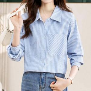 빅카라 소라 스트라이프 블라우스 여성 줄무늬 포인트 상의 세련된 출근 룩