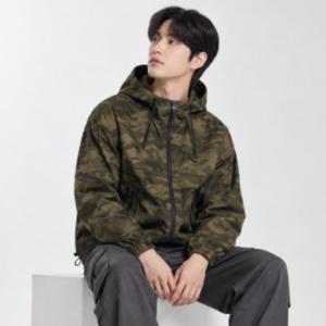 남성 바람막이 카모 오버핏 스트링 지퍼 포켓 후드 자켓