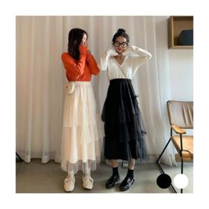 루미나D 3단 레이스 망사 롱스커트 리본 장식 치마 패션 코디